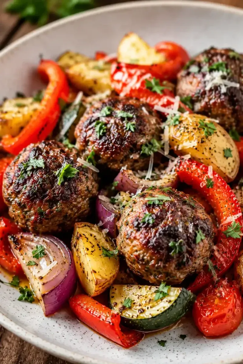 Balsamic Beef Meatballs with Roasted Vegetables