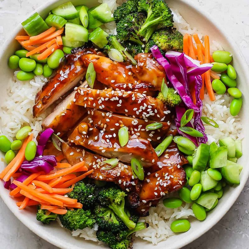 Teriyaki Chicken Bowls With Steamed Broccoli, Edamame, And Brown Rice
