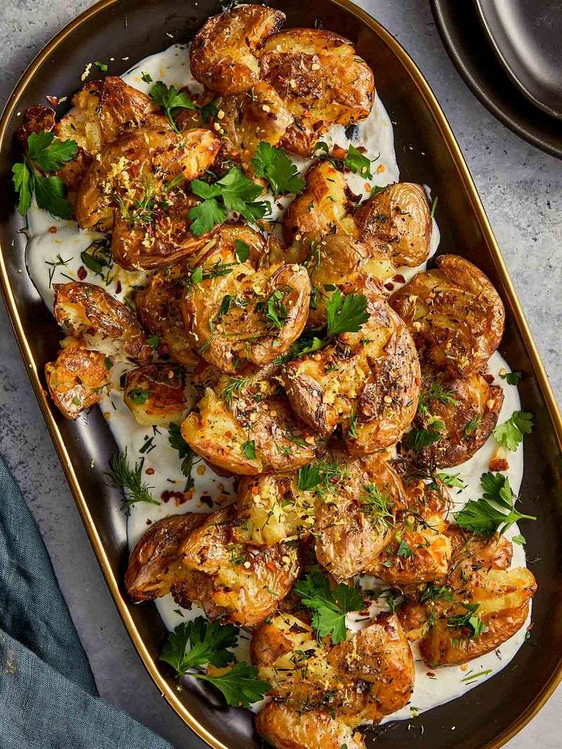 Smashed Herb Potatoes with Whipped Feta