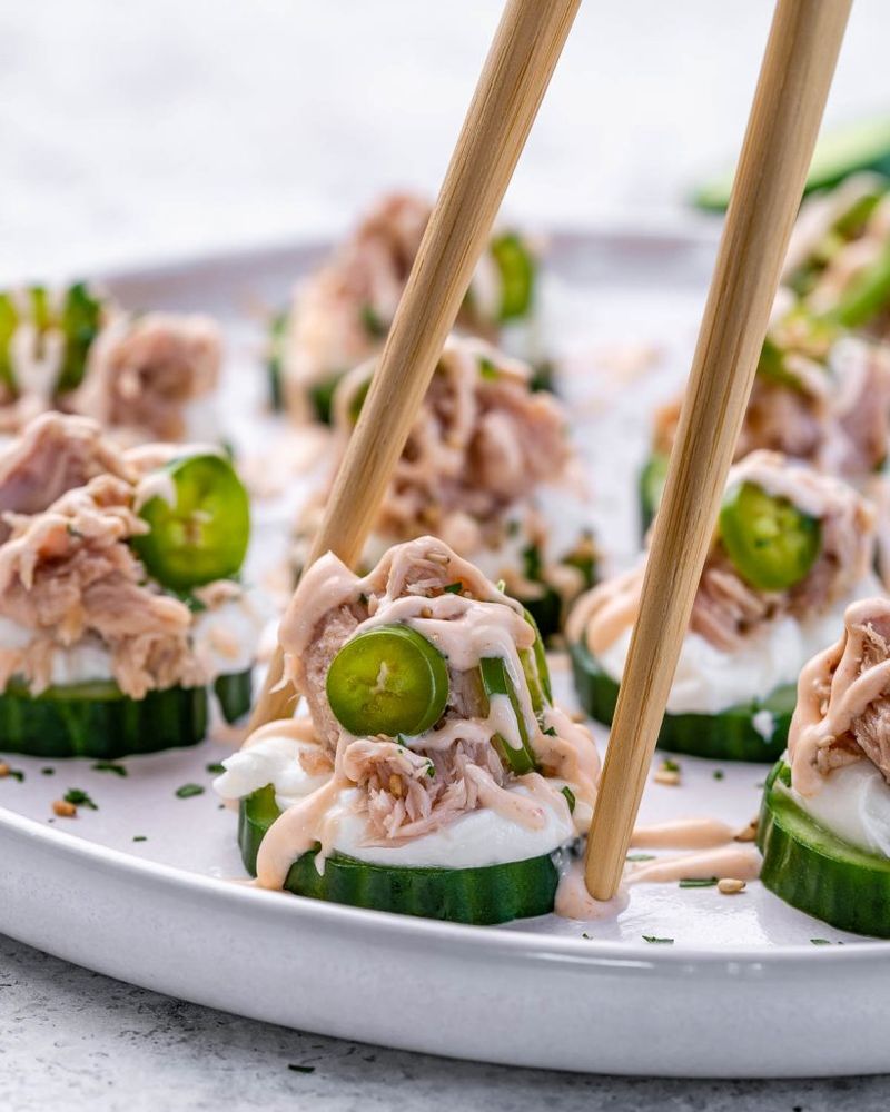 Spicy Tuna Cucumber Cups with Sesame Drizzle