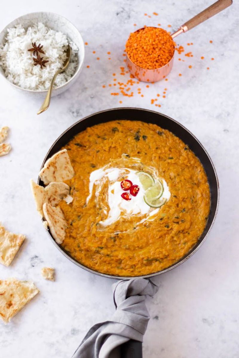 Coconut Curry Lentil Bowl with Naan Crisps