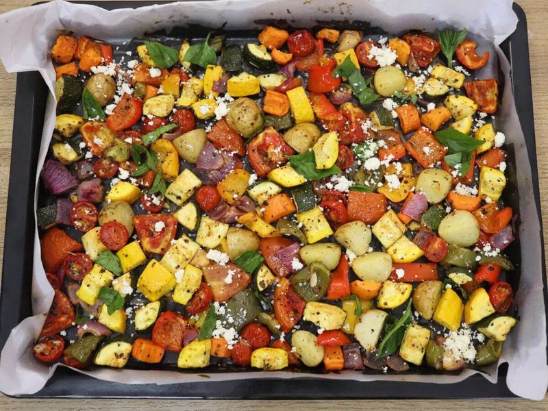 Mediterranean Veggie Traybake With Feta and Olives