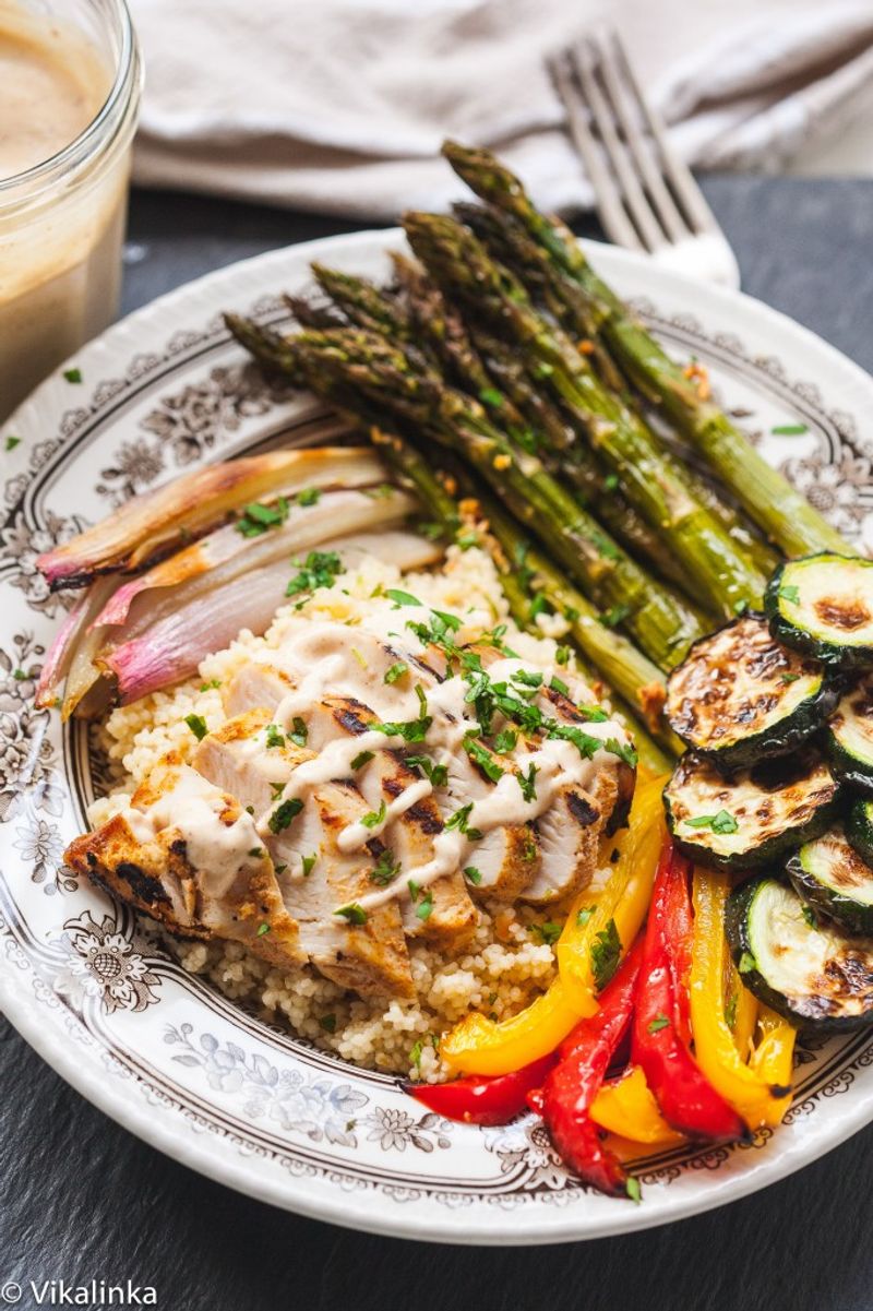 Grilled Chicken and Roasted Veggie Couscous Bowl