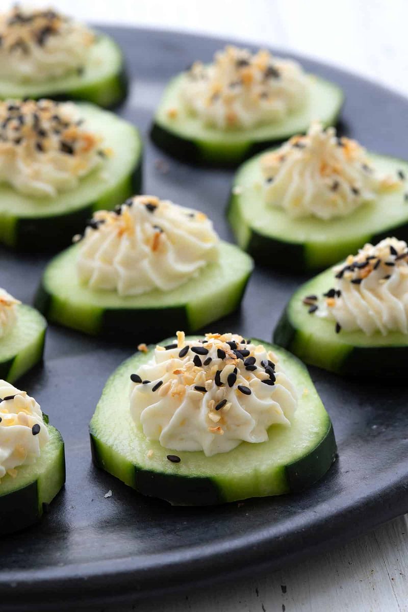Cucumber Rounds with Cream Cheese and Everything Bagel Seasoning