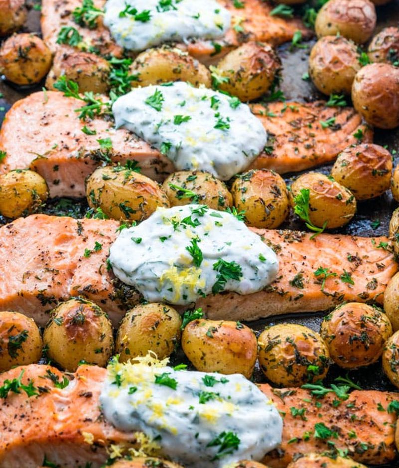 Greek Yogurt Dill Salmon with Roasted Potatoes