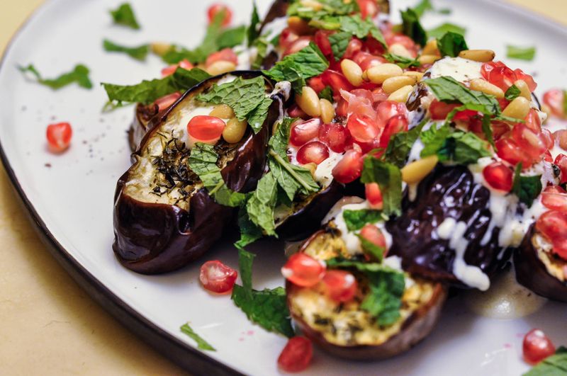 Char-Grilled Aubergine Salad With Pomegranate