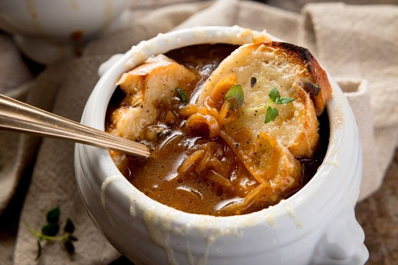 French Onion Soup with Crouton Crumb Topping