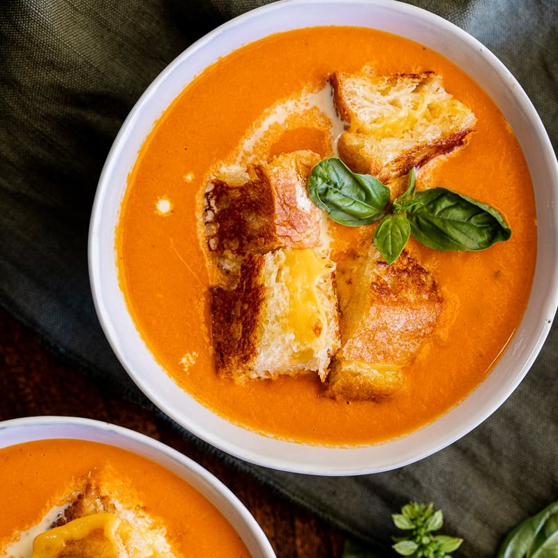Tomato Basil Soup + Grilled Cheese Croutons