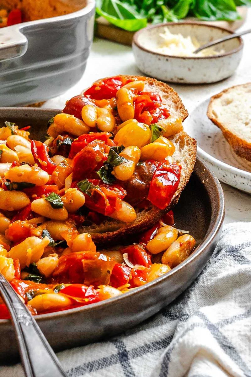 Smashed Butter Bean Toast with Roasted Vegetables