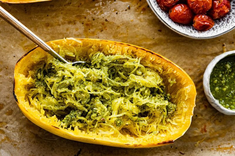 Spaghetti Squash with Pesto and Cherry Tomatoes