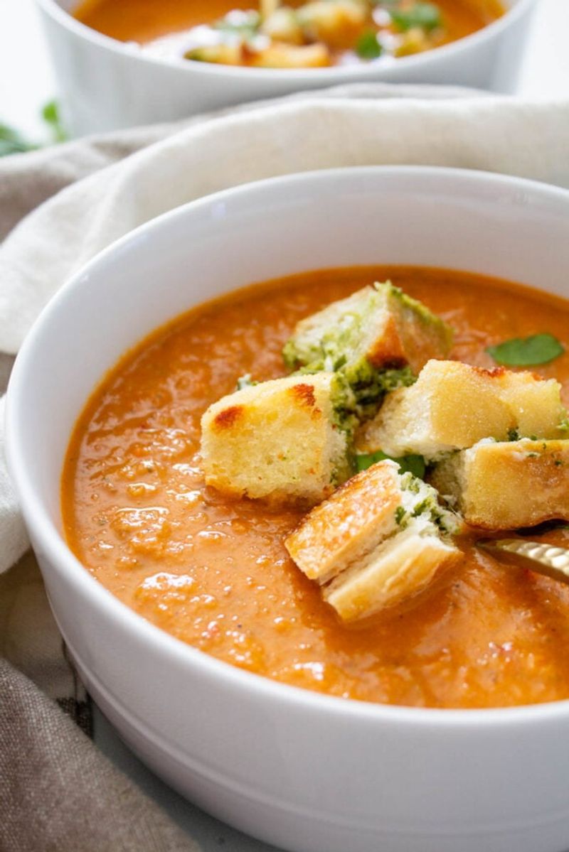 Tomato Basil Soup With Grilled Cheese Croutons