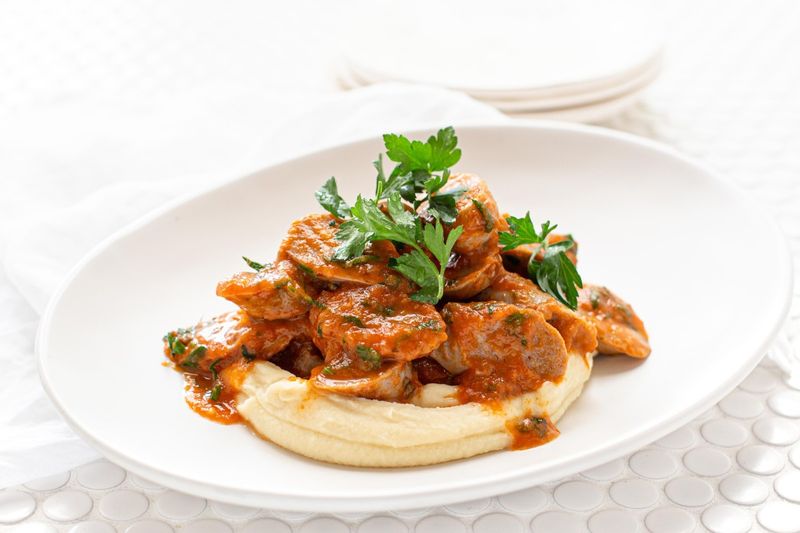 Garlic Butter Mash with Italian Sausage and Tomato Sauce