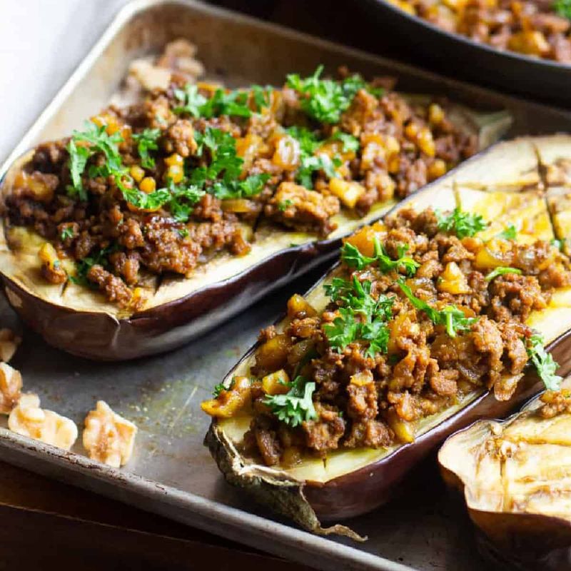 Persian Stuffed Aubergine with Walnuts and Pomegranate