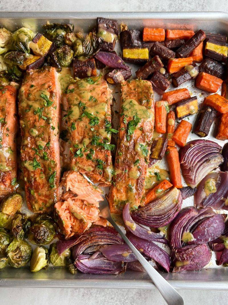Balsamic Glazed Salmon with Roasted Red Onions and Spinach