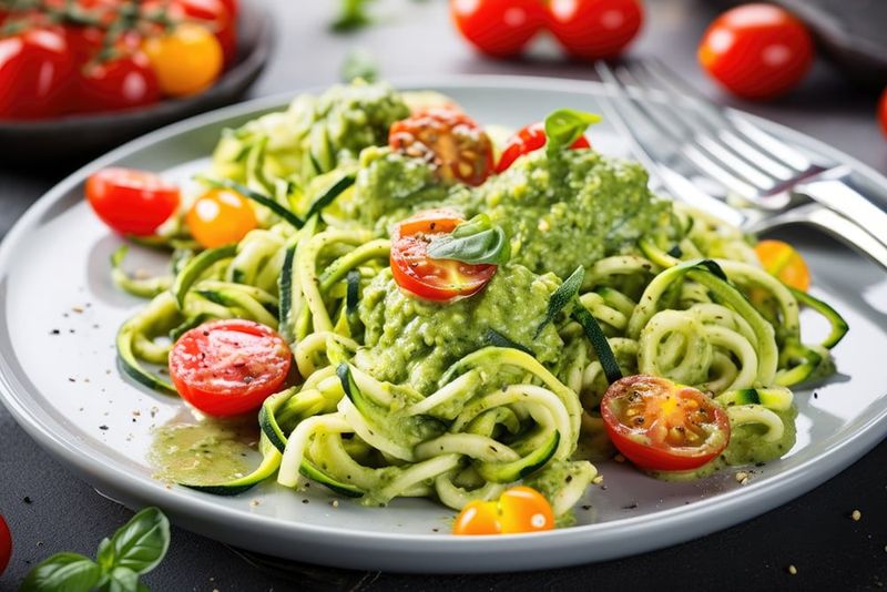 Courgette Noodles With Pesto And Cherry Tomatoes