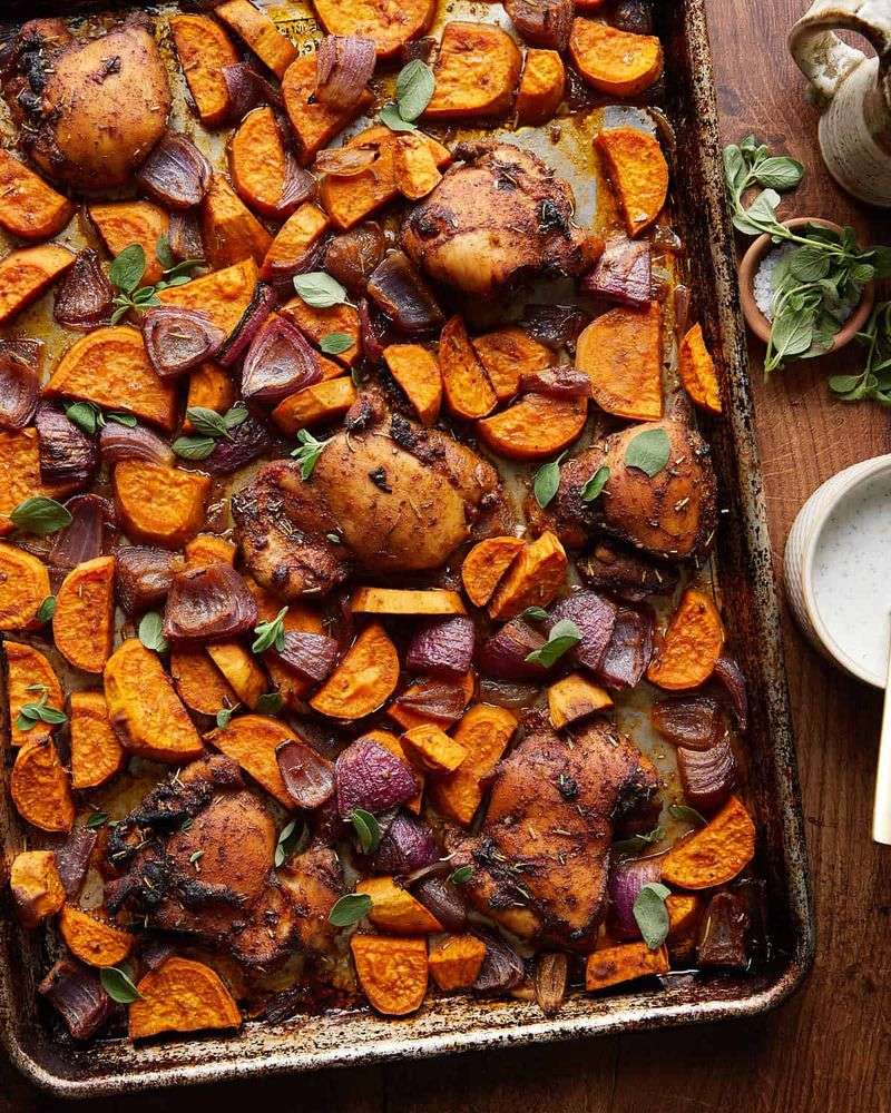 Sheet Pan Chicken Thighs with Sweet Potatoes
