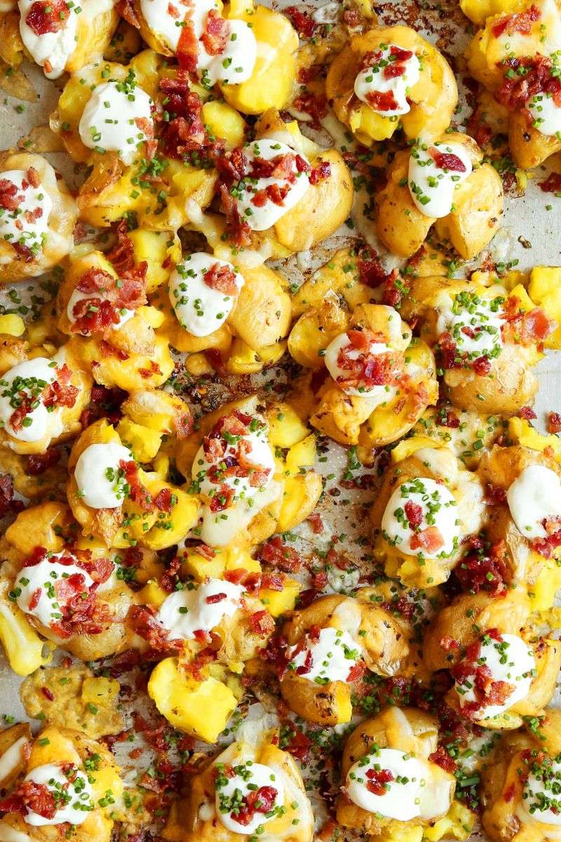 Smashed Potato Bites with Sour Cream and Bacon