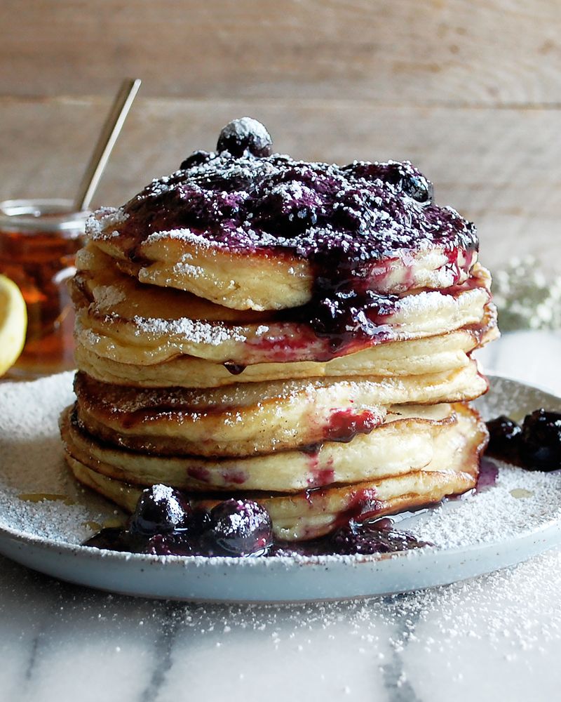 Fluffy Ricotta Pancakes with Lemon and Blueberries