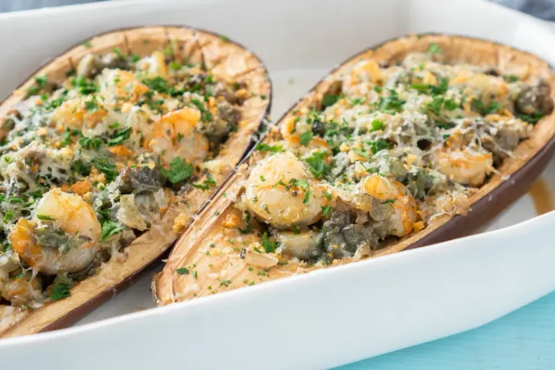Creamy Prawn and Garlic Stuffed Aubergine