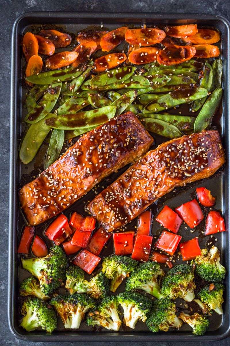 Teriyaki Salmon Sheet Pan with Snap Peas and Bell Peppers