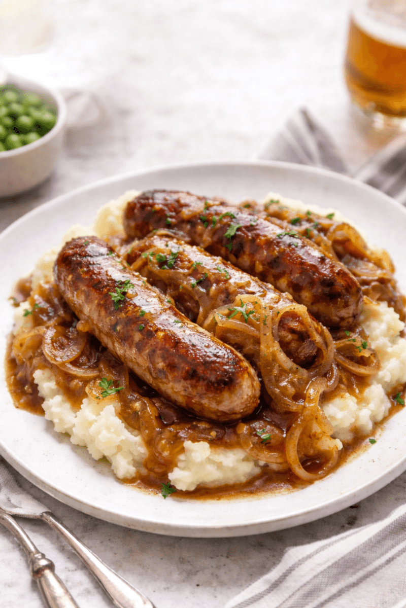 Bangers and Mash With Onion Gravy