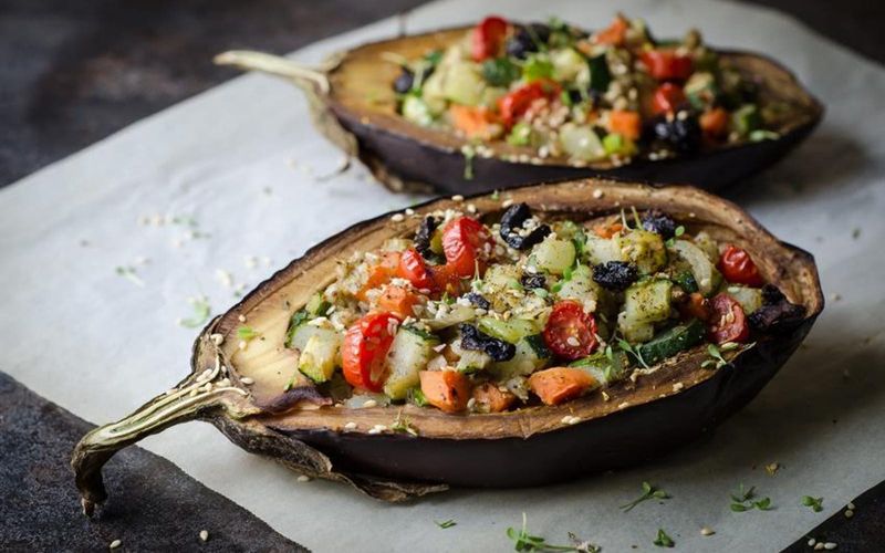 Vegan Quinoa and Black Bean Stuffed Aubergine
