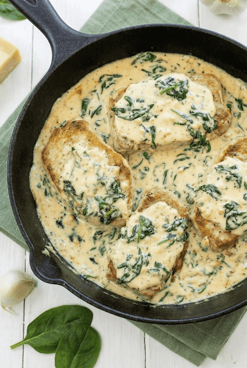Pork Chops with Creamy Spinach and Garlic