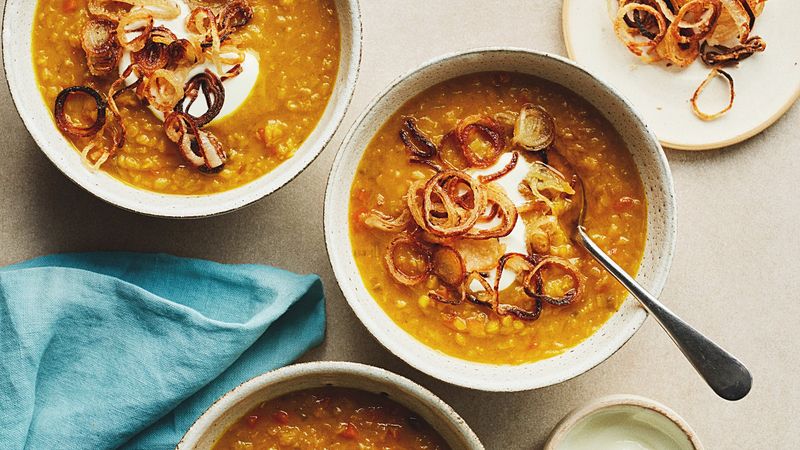 Lentil Soup Bowl with Crispy Shallots