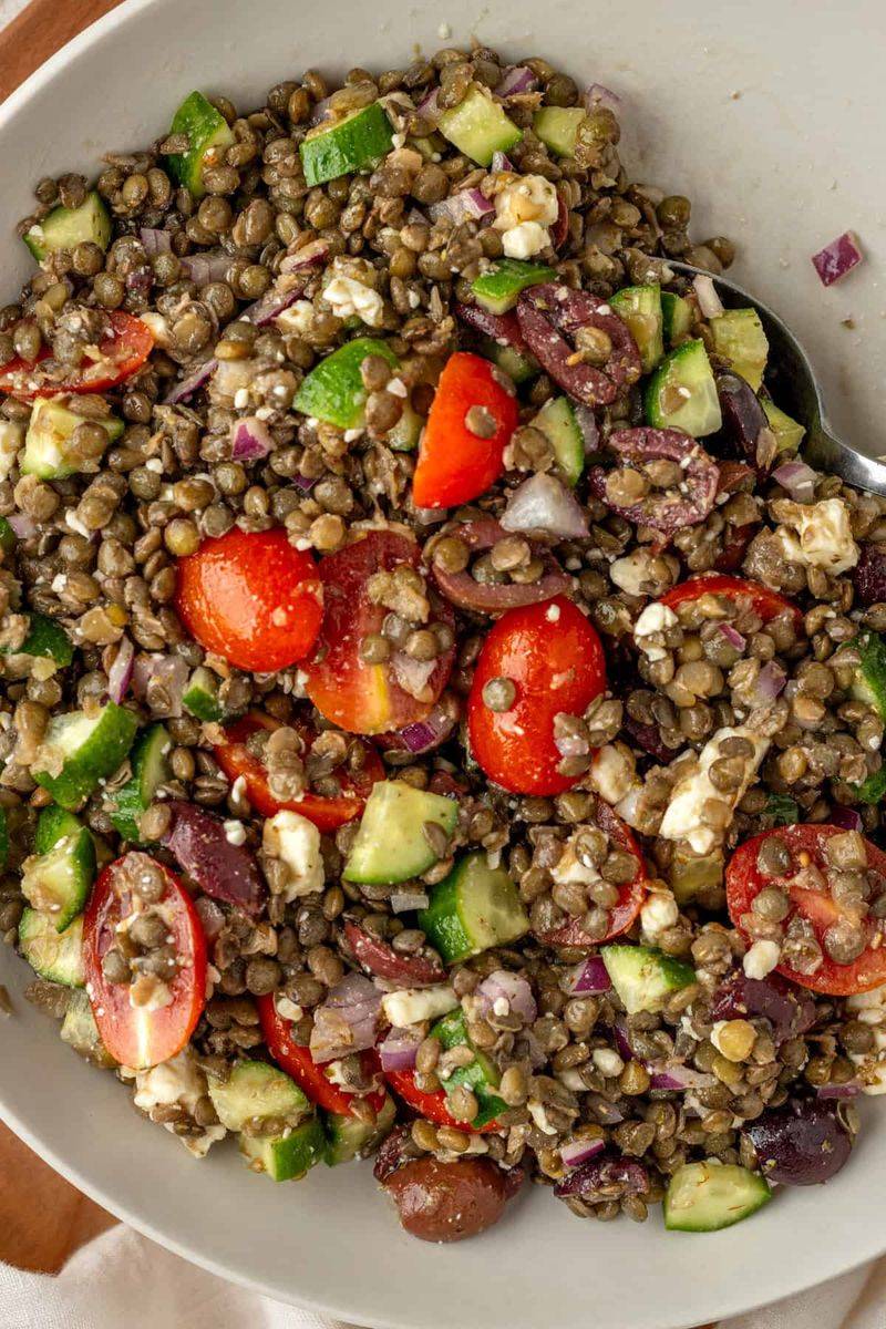 Greek Lentil Salad Bowl with Cucumber and Tomato