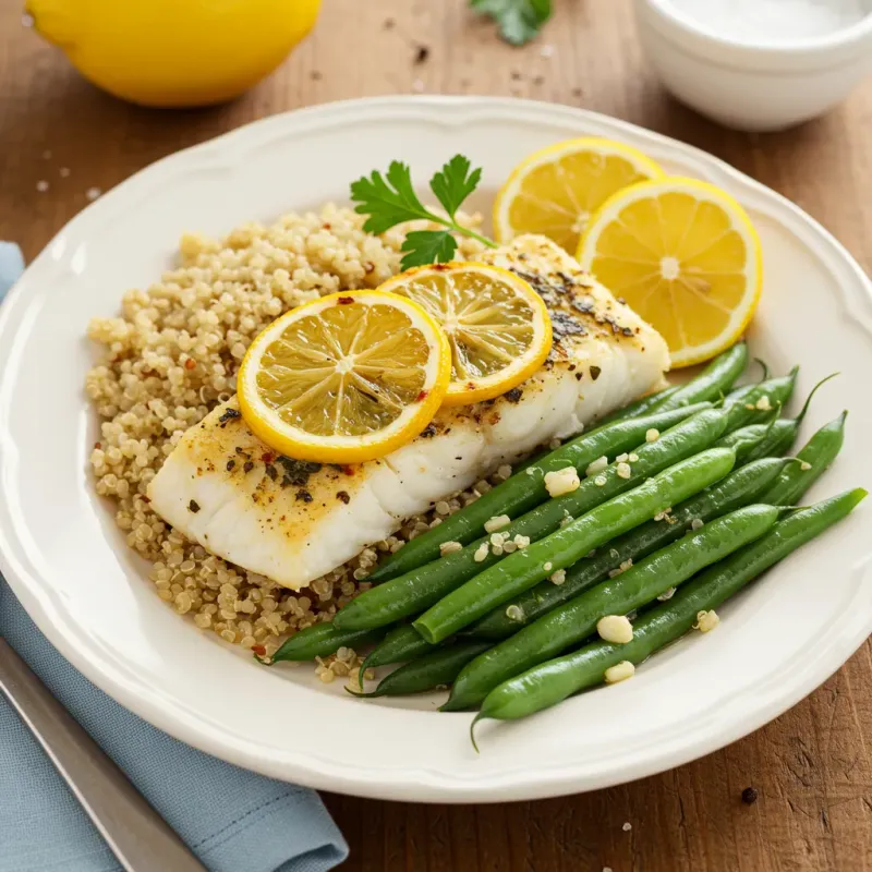 Baked Cod with Garlic Green Beans and Quinoa