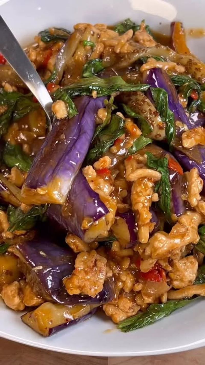 Thai Basil Chicken Stuffed Aubergine