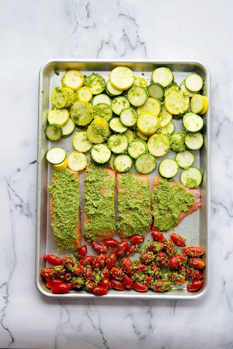 Pesto Salmon with Zucchini and Sun-Dried Tomatoes