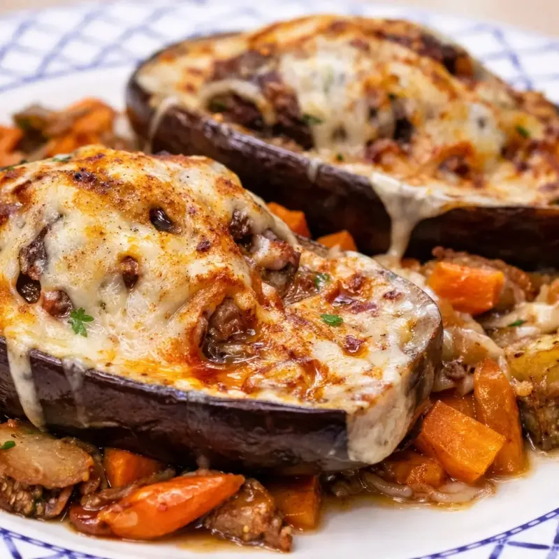 Cheesy Spinach and Mushroom Stuffed Aubergine