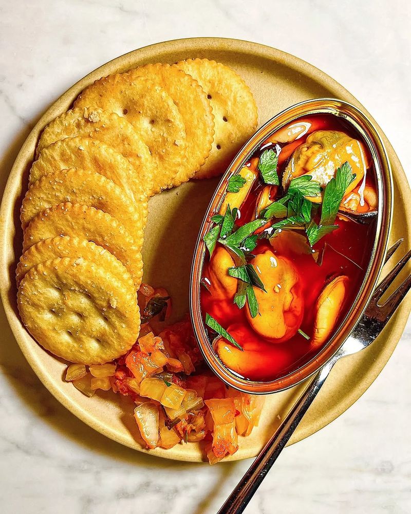 Mussels in Escabeche Sauce on Ritz Crackers