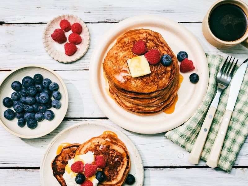 Cottage Cheese Pancakes with Fresh Berries and Honey