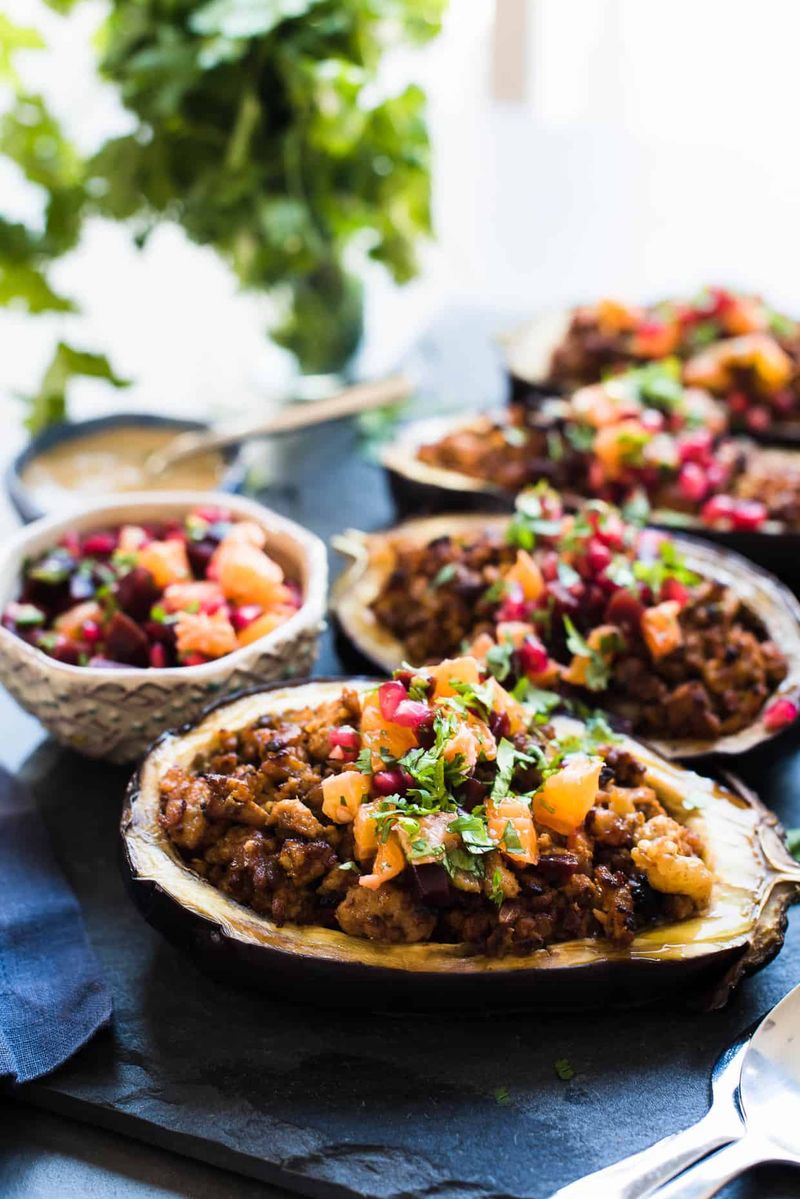 Mexican-Style Stuffed Aubergine with Salsa and Cheese