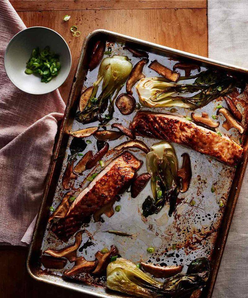 Asian Sesame Salmon with Bok Choy and Mushrooms