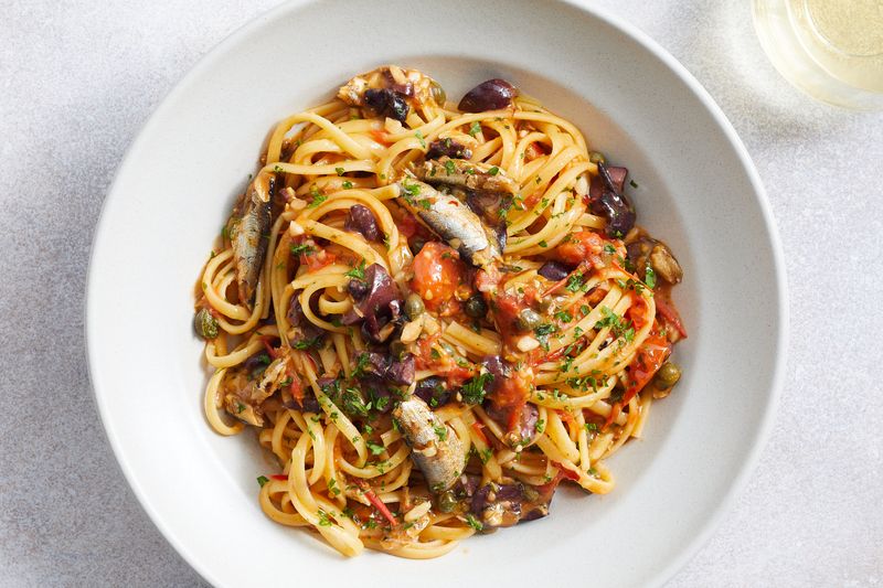 Sardine Pasta with Capers, Olives, and Cherry Tomatoes