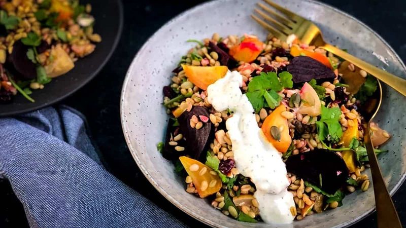 Sardine Grain Bowl with Freekeh, Roasted Beets, and Tahini