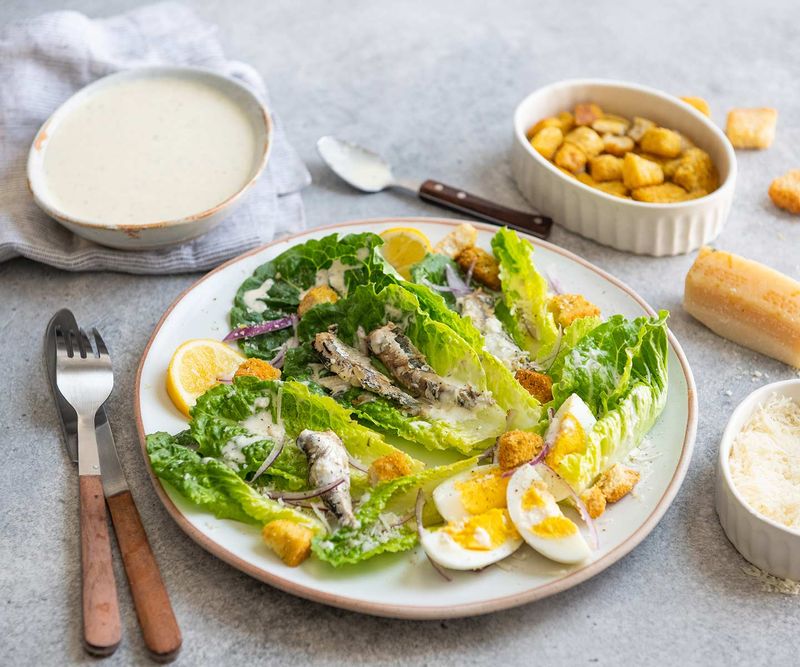 Sardine Caesar Salad with Homemade Croutons