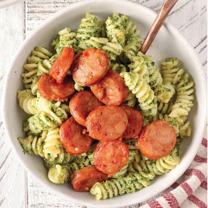 Pesto Mash with Sun-Dried Tomato Sausages