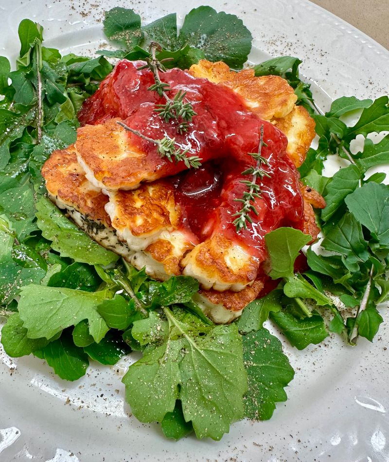 Grilled Halloumi with Roasted Red Pepper Sauce