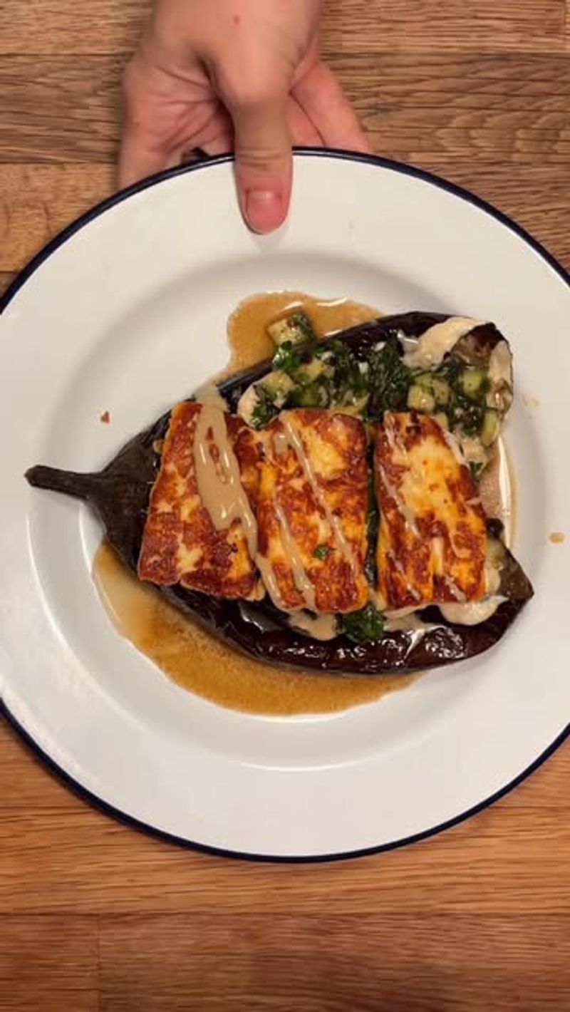 Halloumi and Roasted Tomato Stuffed Aubergine