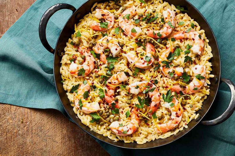 Garlic Butter Spinach Shrimp over Orzo