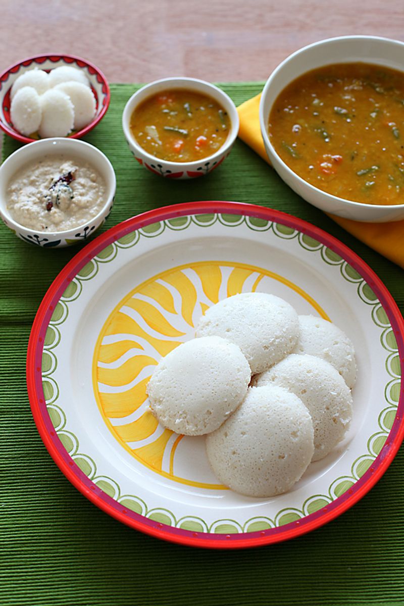 Indian Idli with Sambar and Coconut Chutney