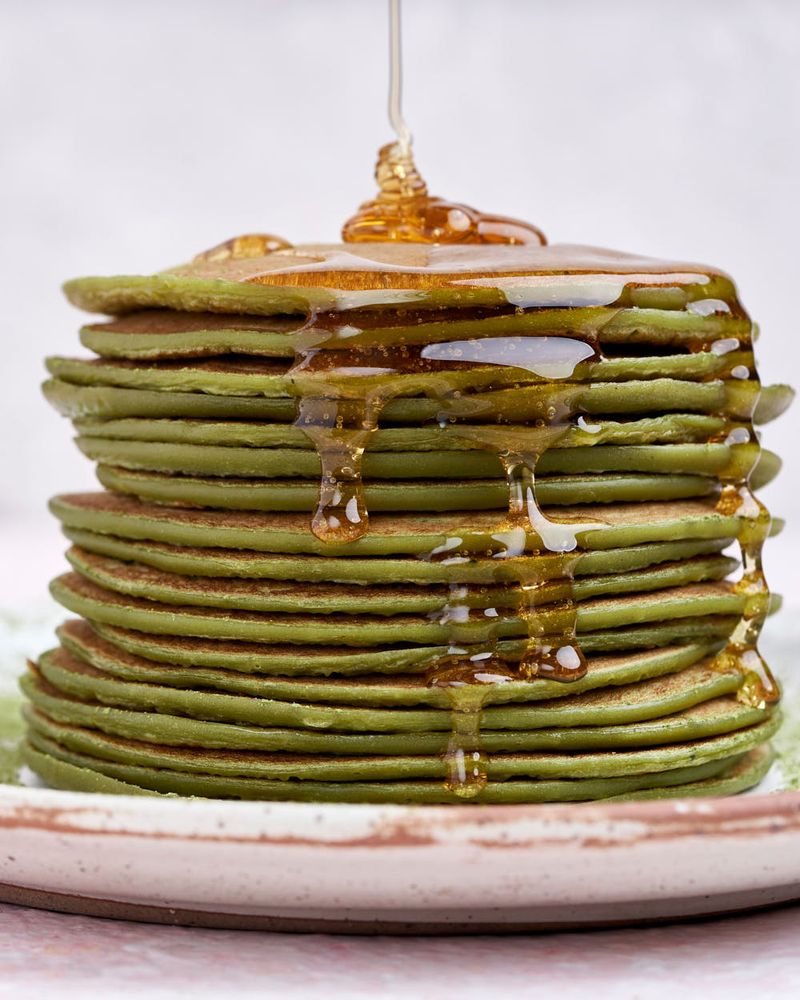 Matcha Pancakes with Honey and Whipped Cream