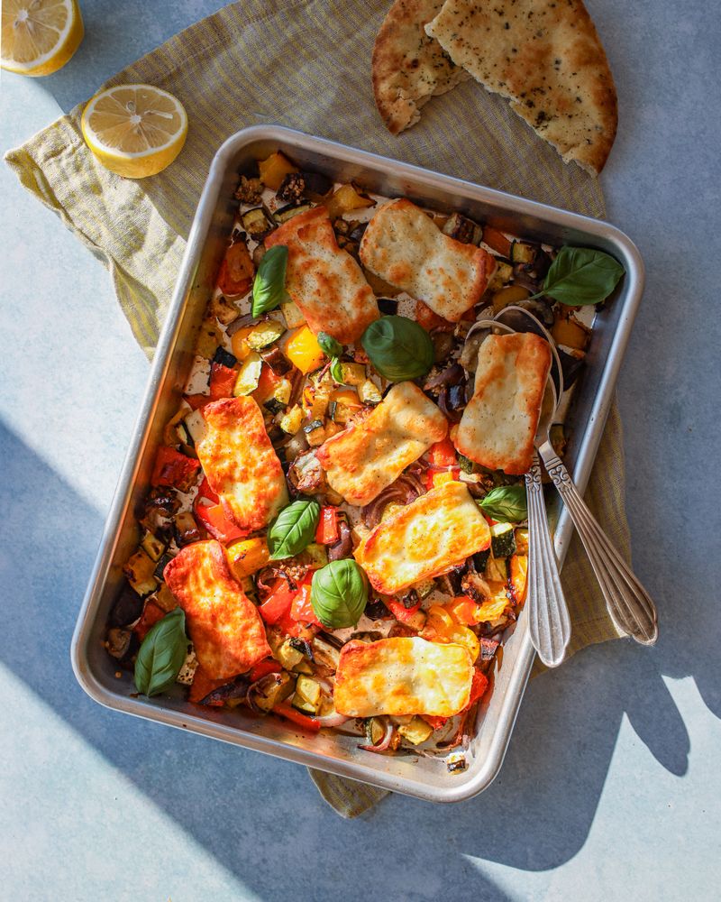 Aubergine and Halloumi Traybake