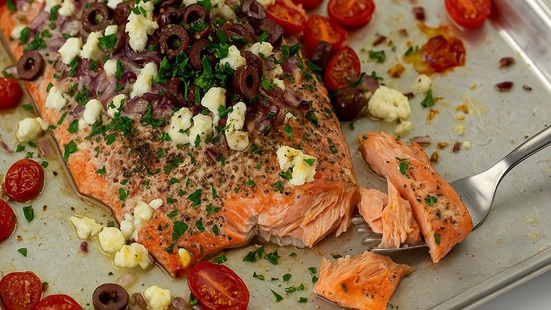 Mediterranean Sheet-Pan Salmon with Olives and Cherry Tomatoes