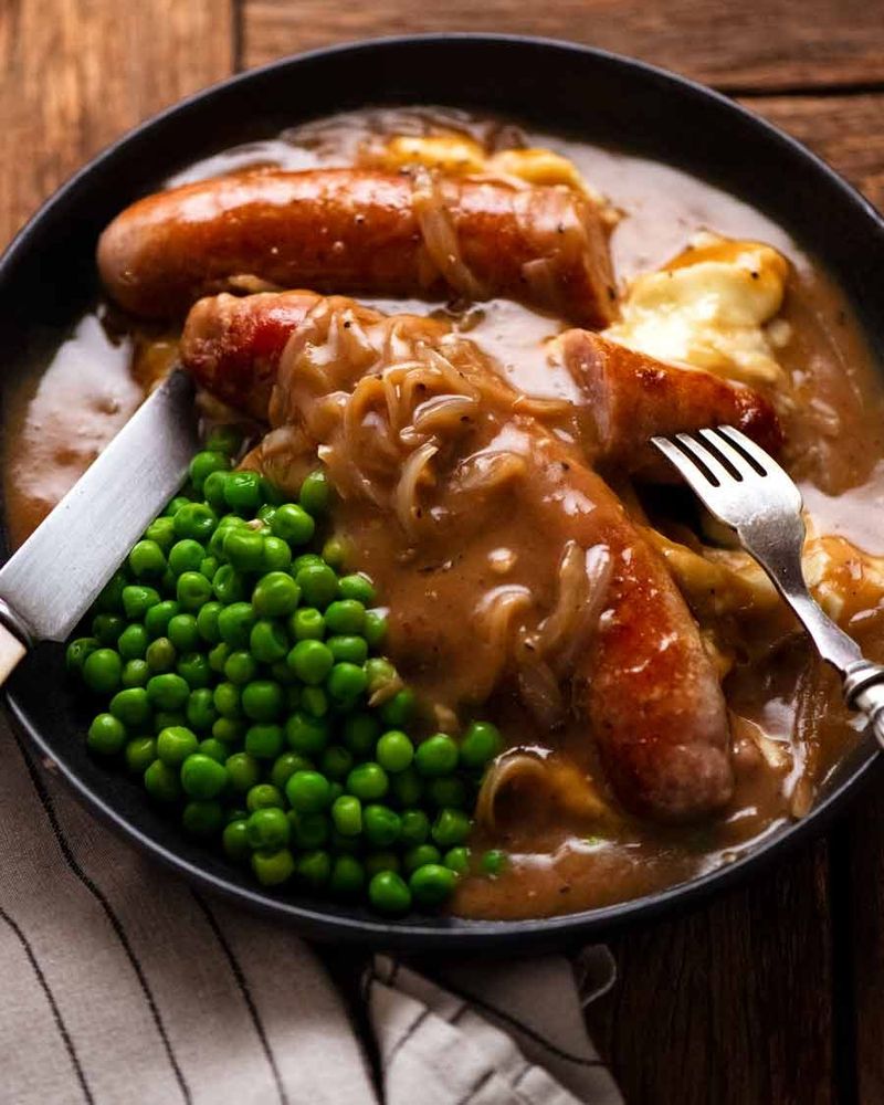 Onion Gravy Bangers and Mash