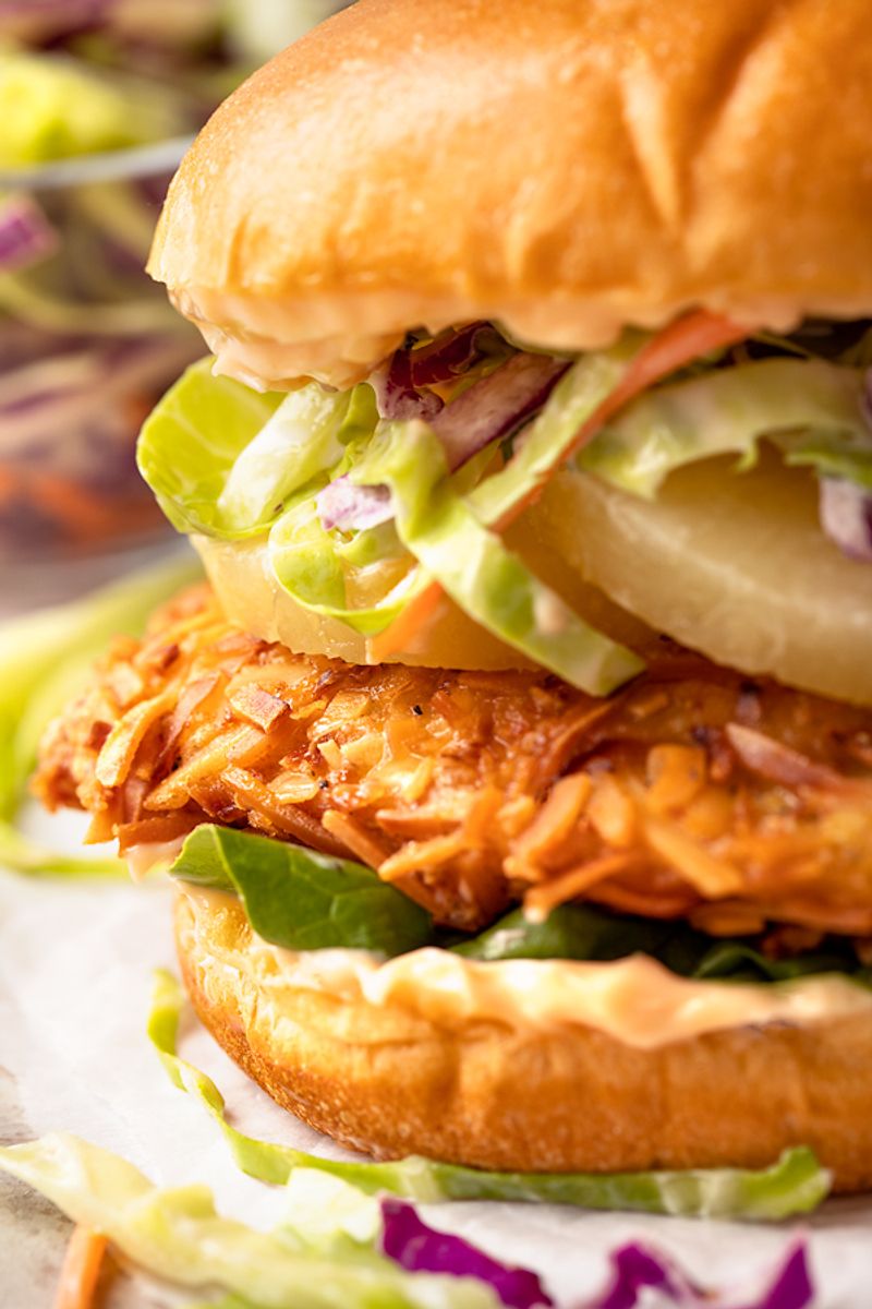 Coconut Crusted Crispy Chicken Sandwich with Mango Slaw